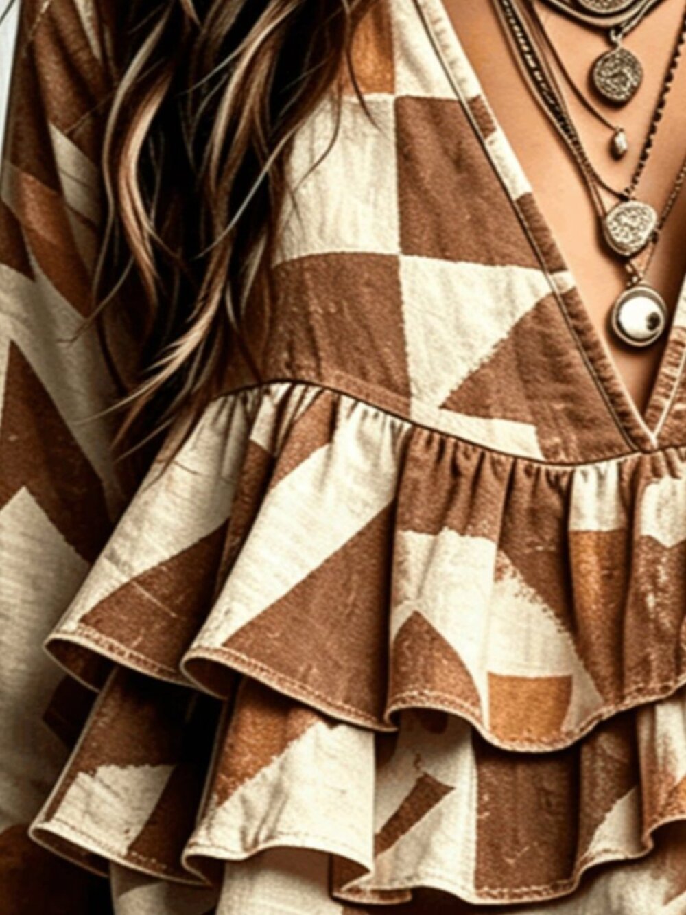 Multicolor Casual Sexy Women's Deep V Neck Ruffle Tiered Top - Picture 7 of 7